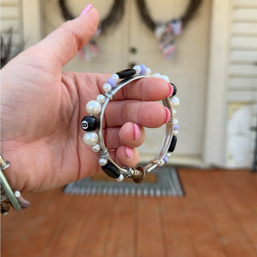 Handcrafted Pearl & Bead Bangle Bracelet - Lavender, Black & White